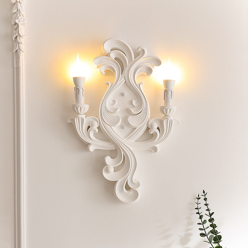 Traditional French Candle Carved Glass Plaster 2-Light Wall Sconce Lamp For Living Room