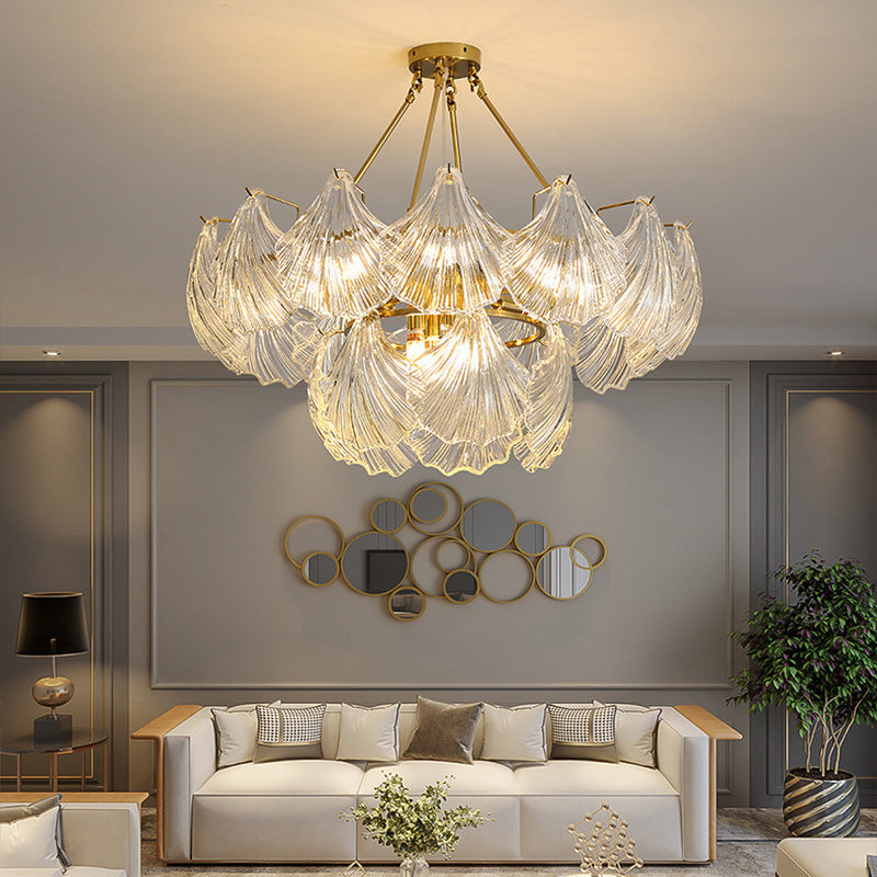 Modern Luxury Ribbed Shell Glass Hardware 4/8/9/12-Light Chandelier For Living Room