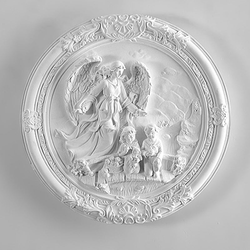 Traditionelle französische runde geschnitzte Engelsharz-LED-Wandleuchte für Wohnzimmer 