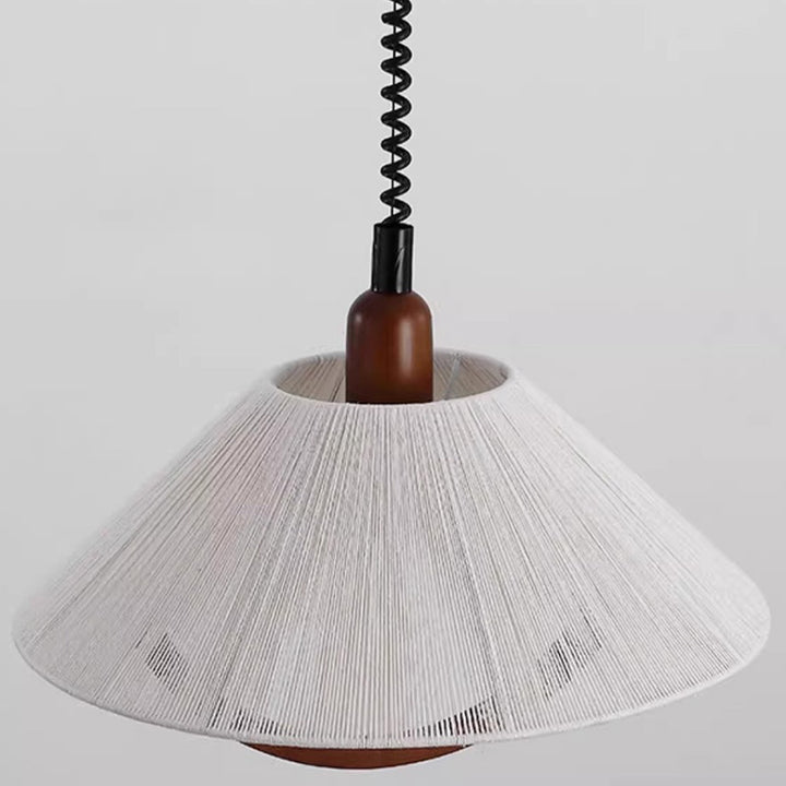 Traditional Japanese Round V- Shape Wood Cotton Thread 1-Light Pendant Light For Living Room