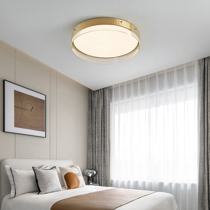 Lustre Plafonnier LED Minimaliste Moderne à Rayures Rondes en Fer Cuivre Verre Acrylique pour Salon 