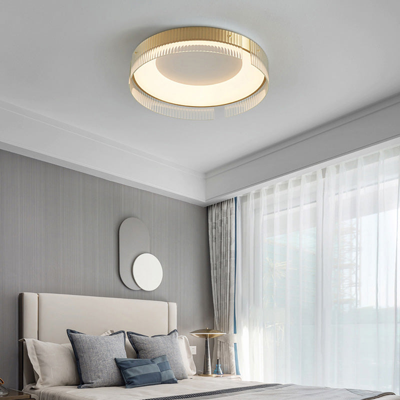 Lustre Plafonnier LED Minimaliste Moderne à Rayures Rondes en Fer Cuivre Verre Acrylique pour Salon 