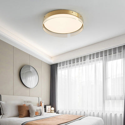 Lustre Plafonnier LED Minimaliste Moderne à Rayures Rondes en Fer Cuivre Verre Acrylique pour Salon 