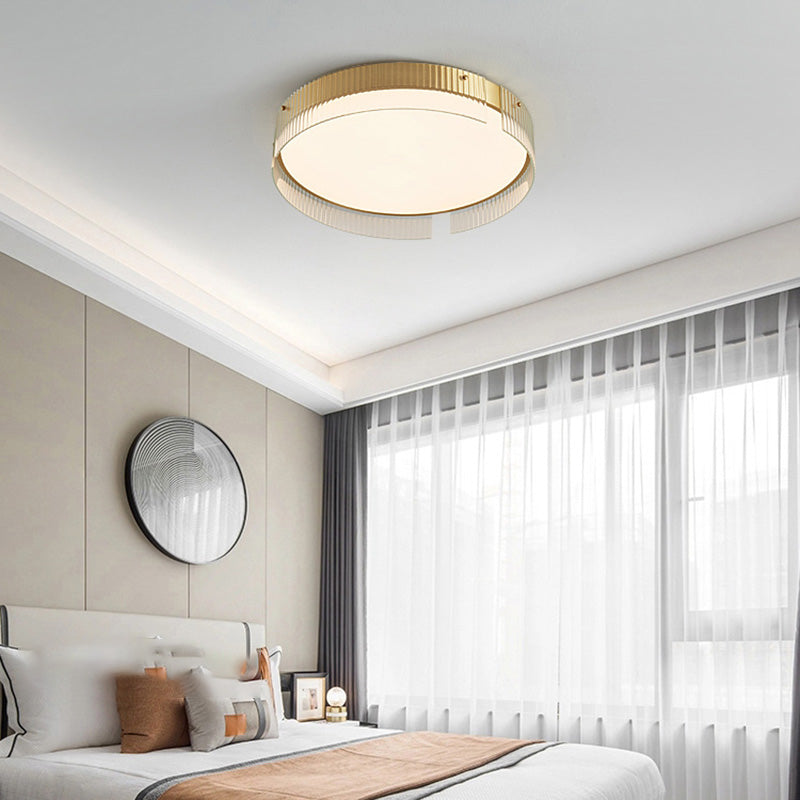 Lustre Plafonnier LED Minimaliste Moderne à Rayures Rondes en Fer Cuivre Verre Acrylique pour Salon 