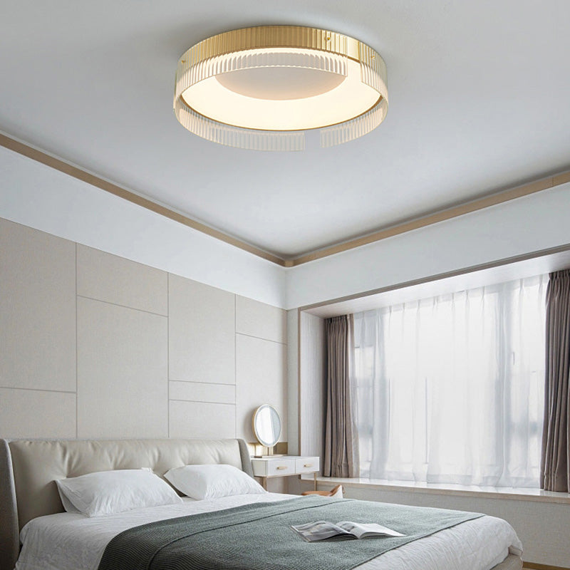 Lustre Plafonnier LED Minimaliste Moderne à Rayures Rondes en Fer Cuivre Verre Acrylique pour Salon 