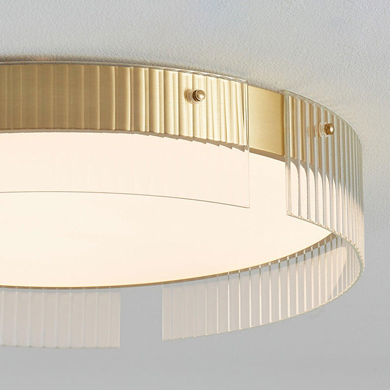 Lustre Plafonnier LED Minimaliste Moderne à Rayures Rondes en Fer Cuivre Verre Acrylique pour Salon 