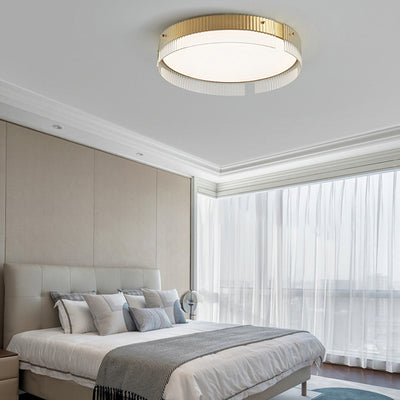 Lustre Plafonnier LED Minimaliste Moderne à Rayures Rondes en Fer Cuivre Verre Acrylique pour Salon 
