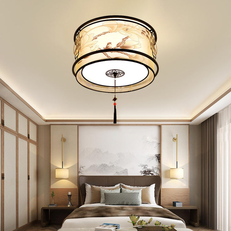 Traditionelle chinesische runde quadratische Quaste Magnolia Eisen Stoff 3/4 Licht Unterputz Deckenleuchte für Wohnzimmer 