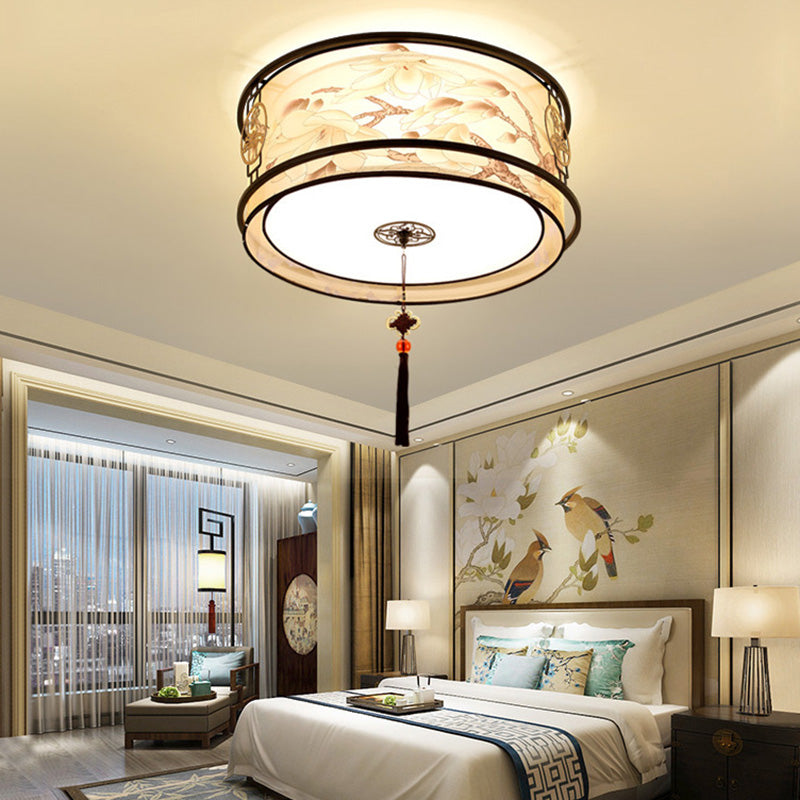 Traditionelle chinesische runde quadratische Quaste Magnolia Eisen Stoff 3/4 Licht Unterputz Deckenleuchte für Wohnzimmer 