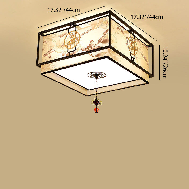Traditionelle chinesische runde quadratische Quaste Magnolia Eisen Stoff 3/4 Licht Unterputz Deckenleuchte für Wohnzimmer 