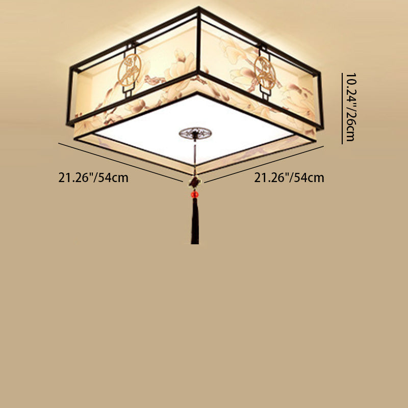 Traditionelle chinesische runde quadratische Quaste Magnolia Eisen Stoff 3/4 Licht Unterputz Deckenleuchte für Wohnzimmer 