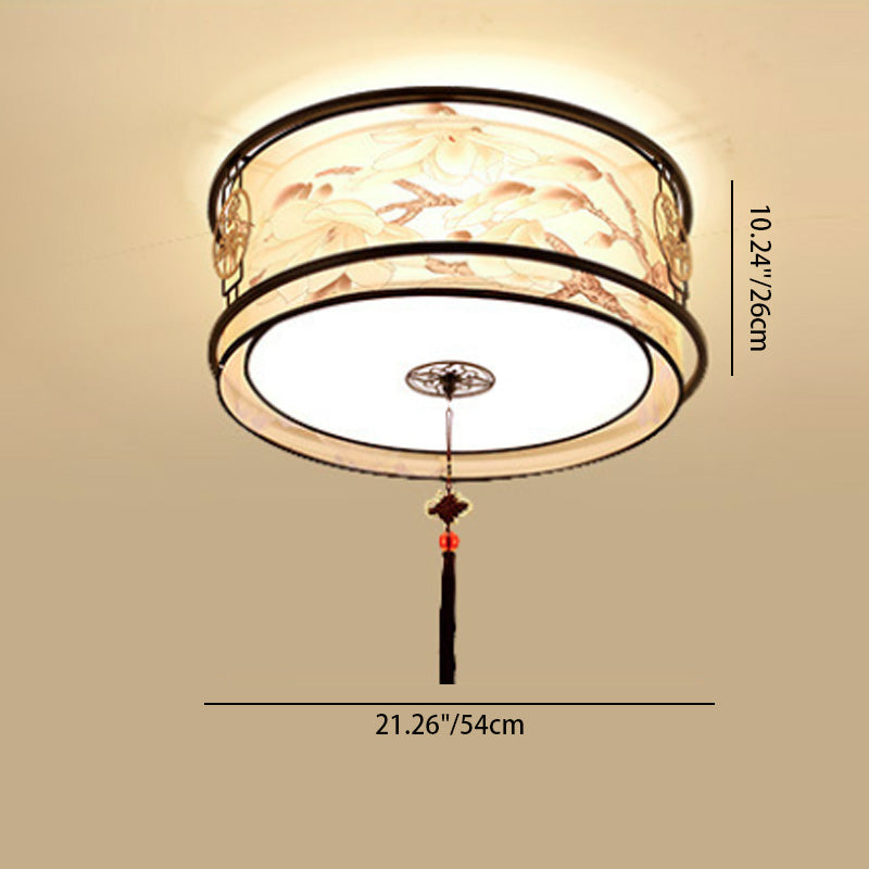 Traditionelle chinesische runde quadratische Quaste Magnolia Eisen Stoff 3/4 Licht Unterputz Deckenleuchte für Wohnzimmer 
