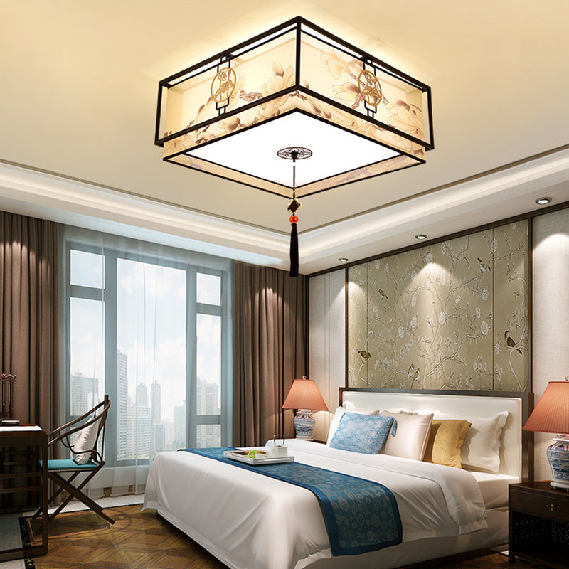 Traditionelle chinesische runde quadratische Quaste Magnolia Eisen Stoff 3/4 Licht Unterputz Deckenleuchte für Wohnzimmer 