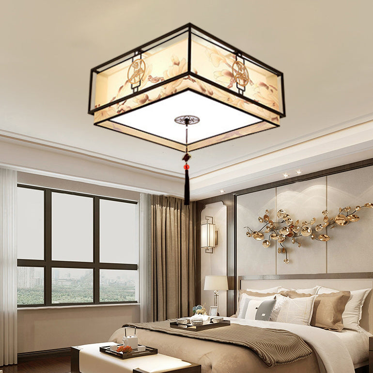 Traditionelle chinesische runde quadratische Quaste Magnolia Eisen Stoff 3/4 Licht Unterputz Deckenleuchte für Wohnzimmer 