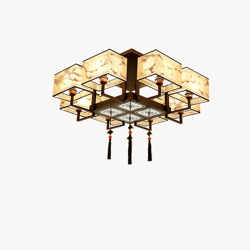 Traditionelle chinesische rechteckige Quaste Magnolia Eisen Stoff 4/6/8-Licht Halbbündige Deckenleuchte für Schlafzimmer 