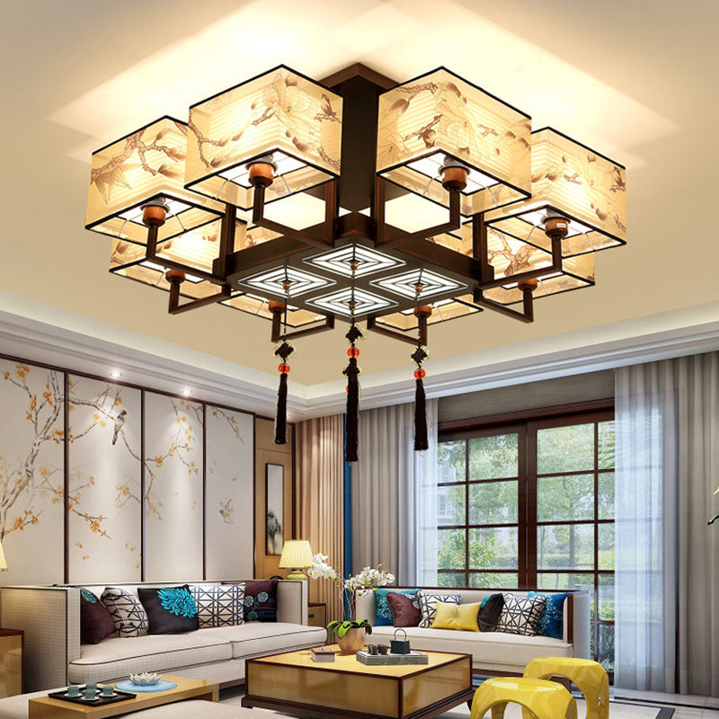Traditionelle chinesische rechteckige Quaste Magnolia Eisen Stoff 4/6/8-Licht Halbbündige Deckenleuchte für Schlafzimmer 