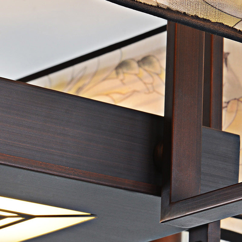 Traditionelle chinesische rechteckige Quaste Magnolia Eisen Stoff 4/6/8-Licht Halbbündige Deckenleuchte für Schlafzimmer 
