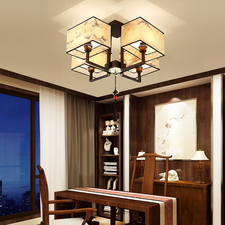 Traditionelle chinesische rechteckige Quaste Magnolia Eisen Stoff 4/6/8-Licht Halbbündige Deckenleuchte für Schlafzimmer 