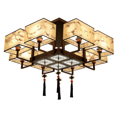 Traditionelle chinesische rechteckige Quaste Magnolia Eisen Stoff 4/6/8-Licht Halbbündige Deckenleuchte für Schlafzimmer 