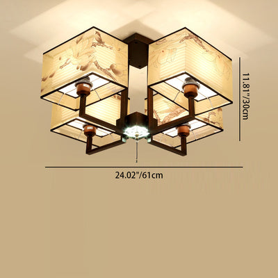 Traditionelle chinesische rechteckige Quaste Magnolia Eisen Stoff 4/6/8-Licht Halbbündige Deckenleuchte für Schlafzimmer 