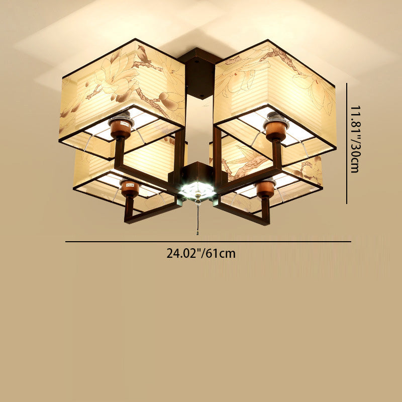 Traditionelle chinesische rechteckige Quaste Magnolia Eisen Stoff 4/6/8-Licht Halbbündige Deckenleuchte für Schlafzimmer 