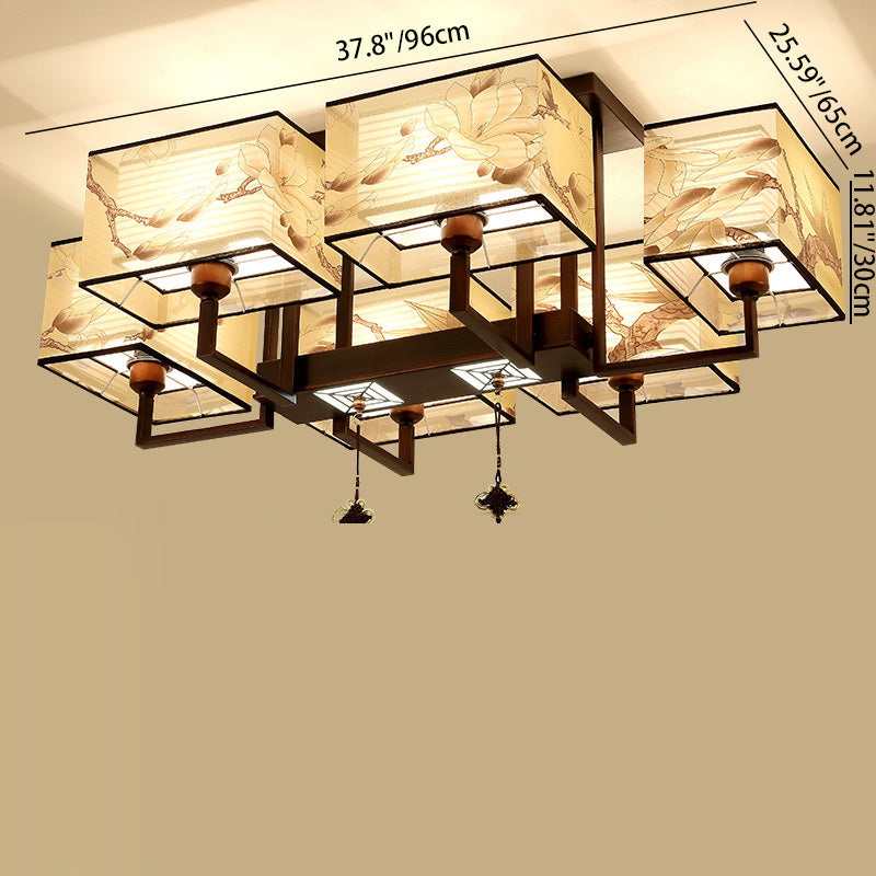 Traditionelle chinesische rechteckige Quaste Magnolia Eisen Stoff 4/6/8-Licht Halbbündige Deckenleuchte für Schlafzimmer 