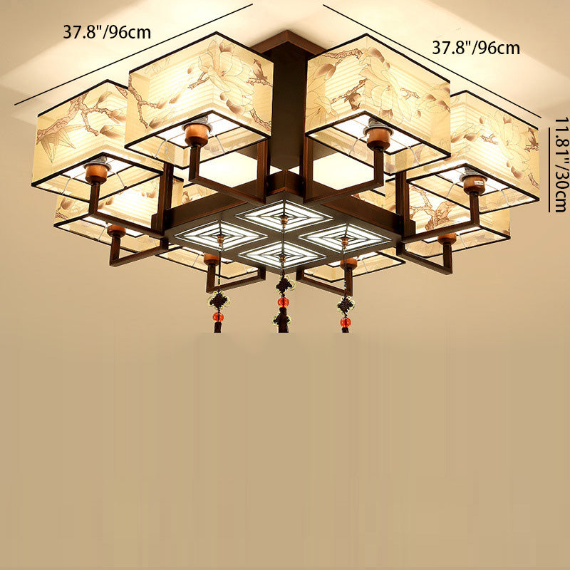 Traditionelle chinesische rechteckige Quaste Magnolia Eisen Stoff 4/6/8-Licht Halbbündige Deckenleuchte für Schlafzimmer 