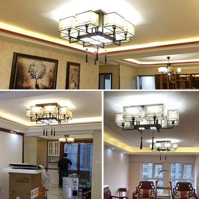 Traditionelle chinesische rechteckige Quaste Magnolia Eisen Stoff 4/6/8-Licht Halbbündige Deckenleuchte für Schlafzimmer 