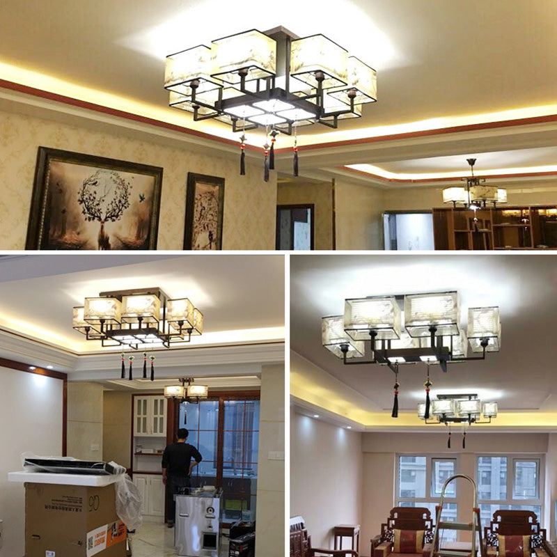 Traditionelle chinesische rechteckige Quaste Magnolia Eisen Stoff 4/6/8-Licht Halbbündige Deckenleuchte für Schlafzimmer 
