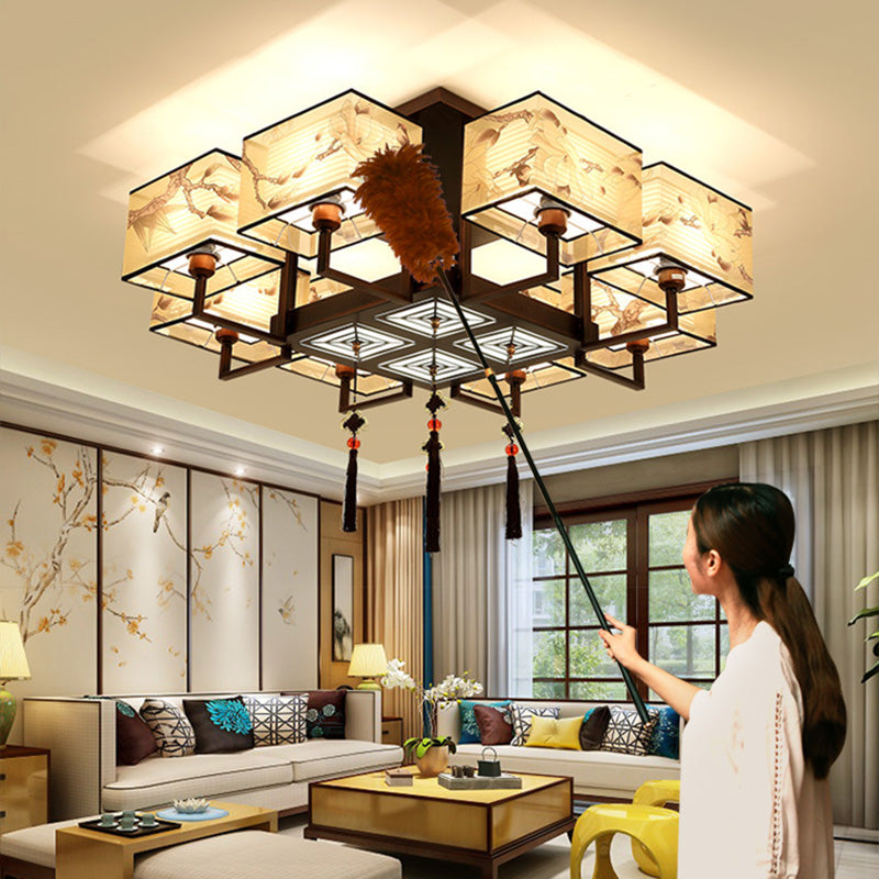 Traditionelle chinesische rechteckige Quaste Magnolia Eisen Stoff 4/6/8-Licht Halbbündige Deckenleuchte für Schlafzimmer 