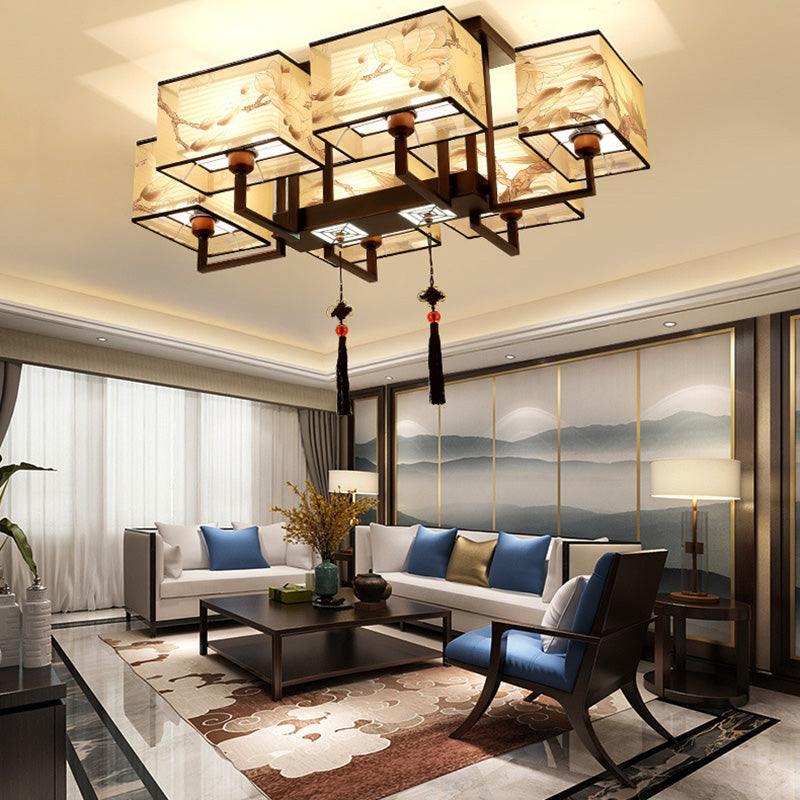 Traditionelle chinesische rechteckige Quaste Magnolia Eisen Stoff 4/6/8-Licht Halbbündige Deckenleuchte für Schlafzimmer 