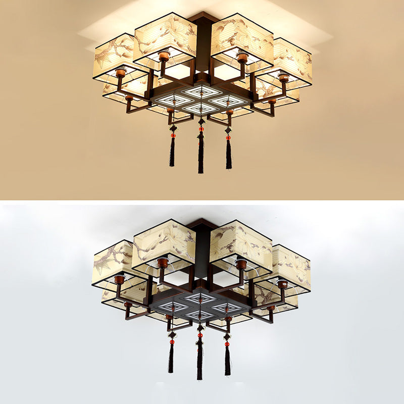 Traditionelle chinesische rechteckige Quaste Magnolia Eisen Stoff 4/6/8-Licht Halbbündige Deckenleuchte für Schlafzimmer 