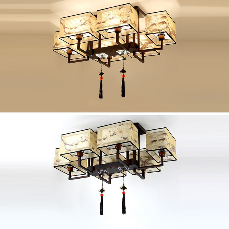Traditionelle chinesische rechteckige Quaste Magnolia Eisen Stoff 4/6/8-Licht Halbbündige Deckenleuchte für Schlafzimmer 