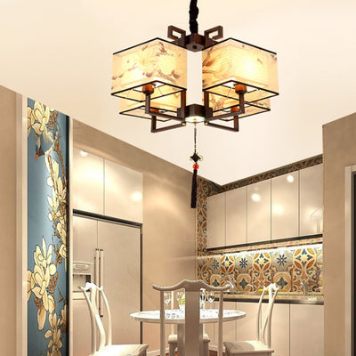 Traditionelle chinesische Eisen Stoff Quaste rechteckige 4/6-Licht Kronleuchter für Wohnzimmer 