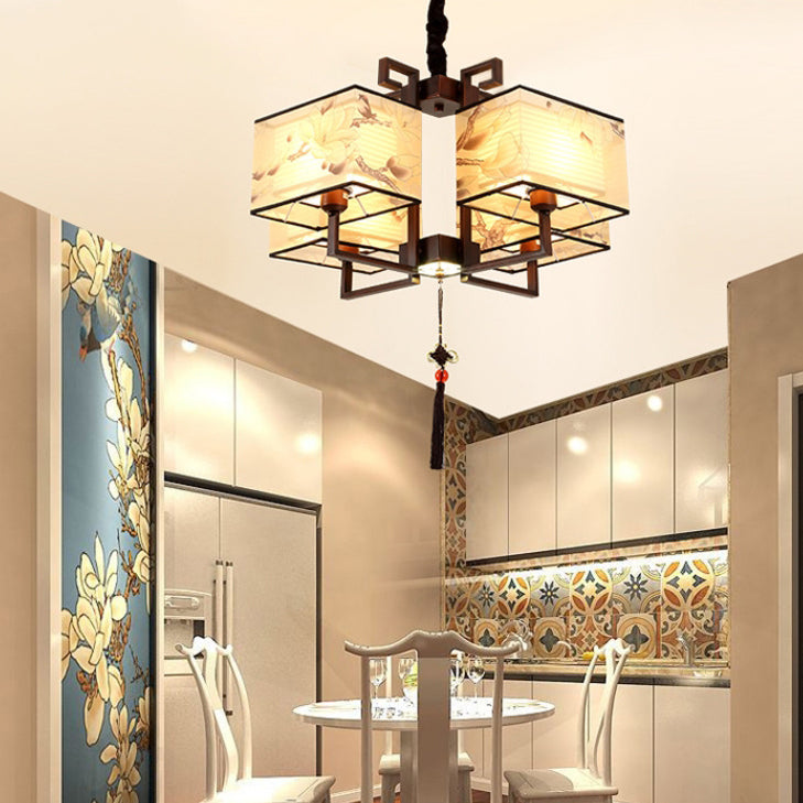 Traditionelle chinesische Eisen Stoff Quaste rechteckige 4/6-Licht Kronleuchter für Wohnzimmer 