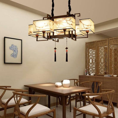 Traditionelle chinesische Eisen Stoff Quaste rechteckige 4/6-Licht Kronleuchter für Wohnzimmer 