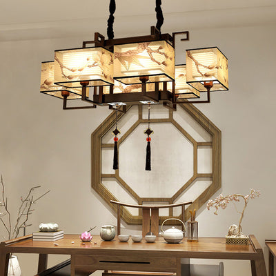 Traditionelle chinesische Eisen Stoff Quaste rechteckige 4/6-Licht Kronleuchter für Wohnzimmer 