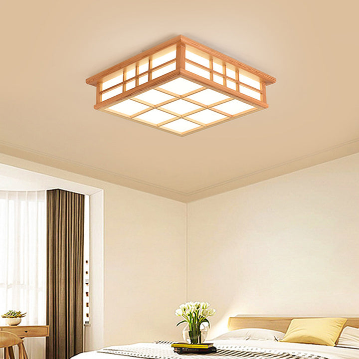 Traditionelle japanische quadratische Gitter Acryl Eisen Holz LED Unterputz Deckenleuchte für Wohnzimmer 