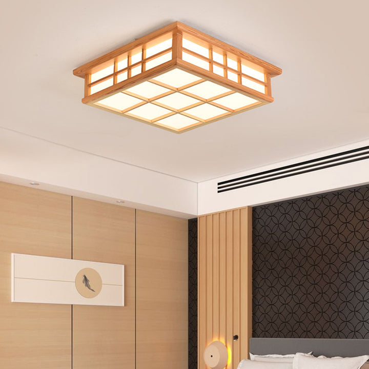 Traditionelle japanische quadratische Gitter Acryl Eisen Holz LED Unterputz Deckenleuchte für Wohnzimmer 