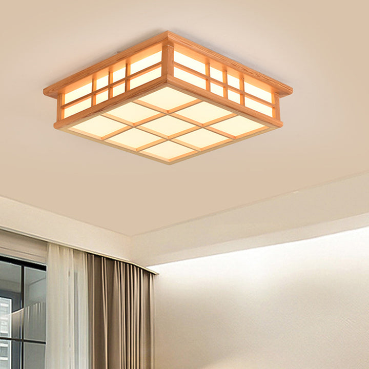 Traditionelle japanische quadratische Gitter Acryl Eisen Holz LED Unterputz Deckenleuchte für Wohnzimmer 