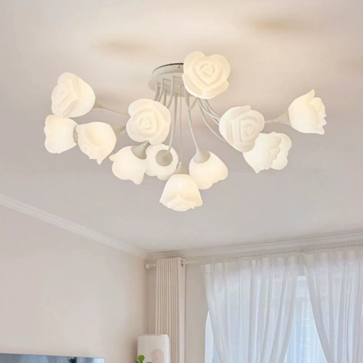Zeitgenössische nordische romantische Deckenleuchte mit Rosenschirm aus Eisenharz, 7/11/13 Lichter, halbbündige Montage, für Wohnzimmer 