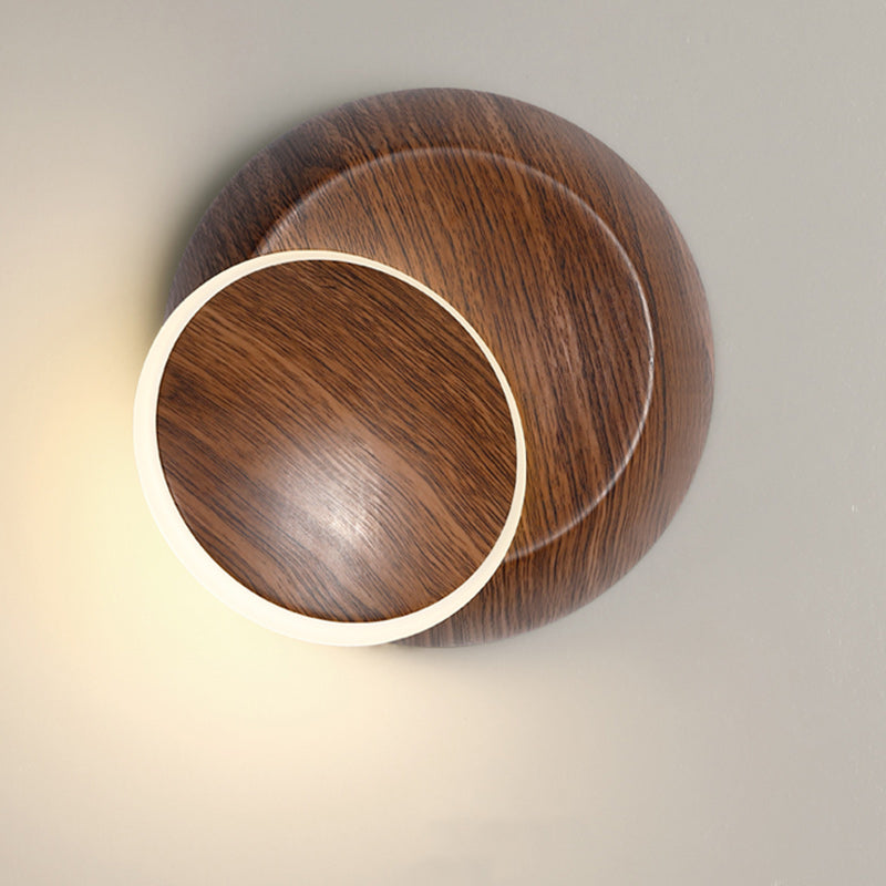 Lampe murale LED contemporaine et créative avec ombre de lune rotative, grain de bois rond, fer et aluminium pour chambre d&
