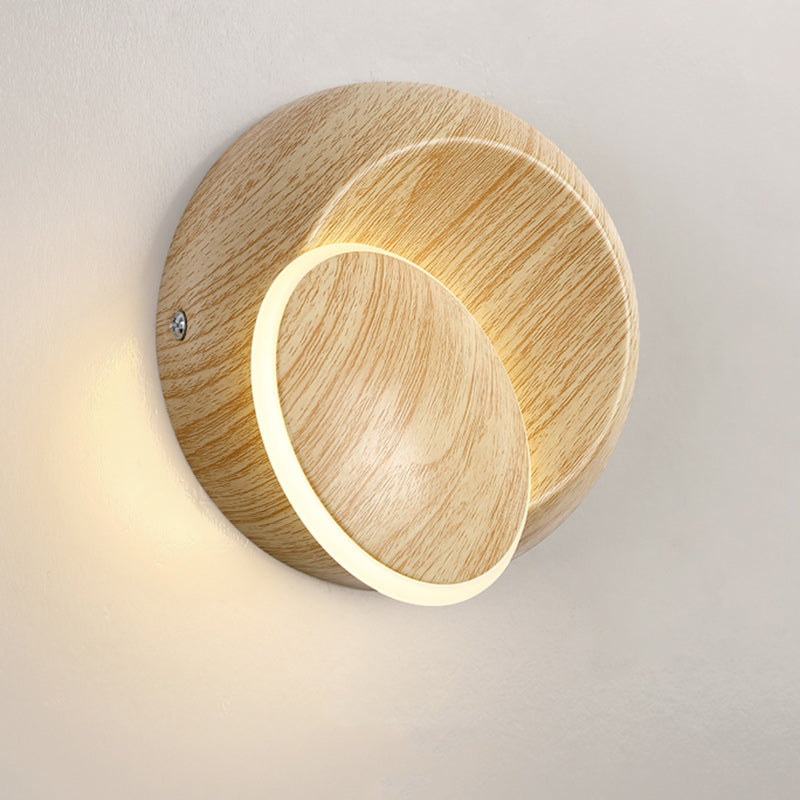 Lampe murale LED contemporaine et créative avec ombre de lune rotative, grain de bois rond, fer et aluminium pour chambre d&