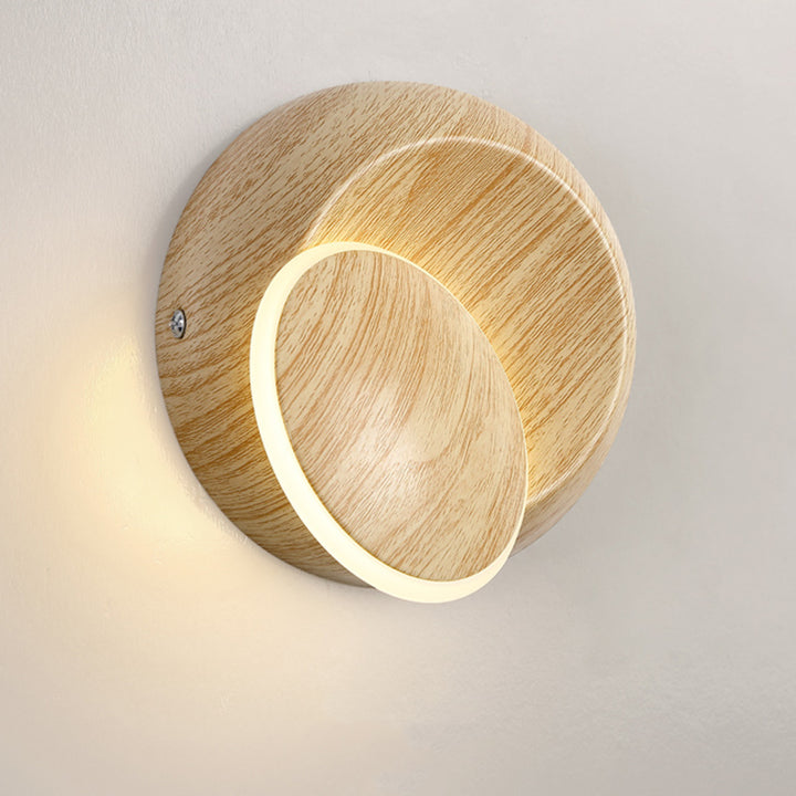 Lampe murale LED contemporaine et créative avec ombre de lune rotative, grain de bois rond, fer et aluminium pour chambre d&
