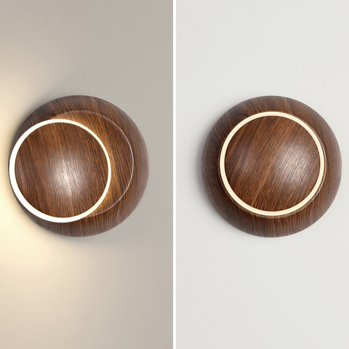 Lampe murale LED contemporaine et créative avec ombre de lune rotative, grain de bois rond, fer et aluminium pour chambre d&