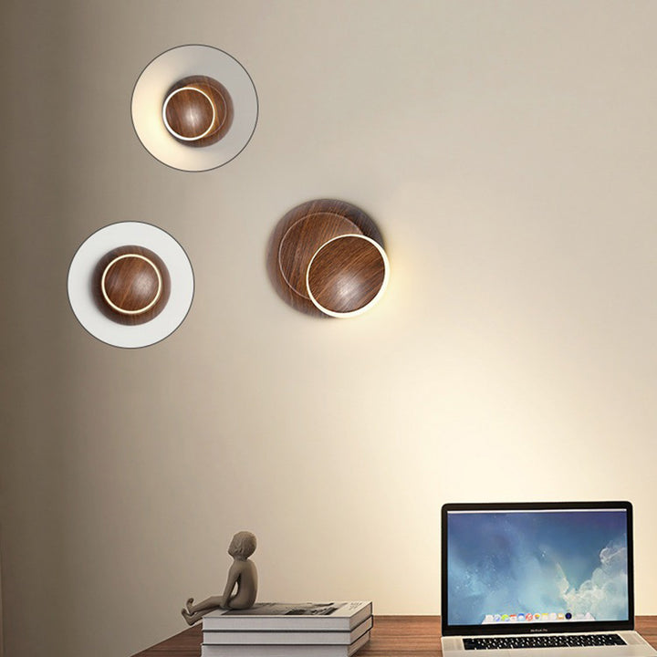 Lampe murale LED contemporaine et créative avec ombre de lune rotative, grain de bois rond, fer et aluminium pour chambre d&