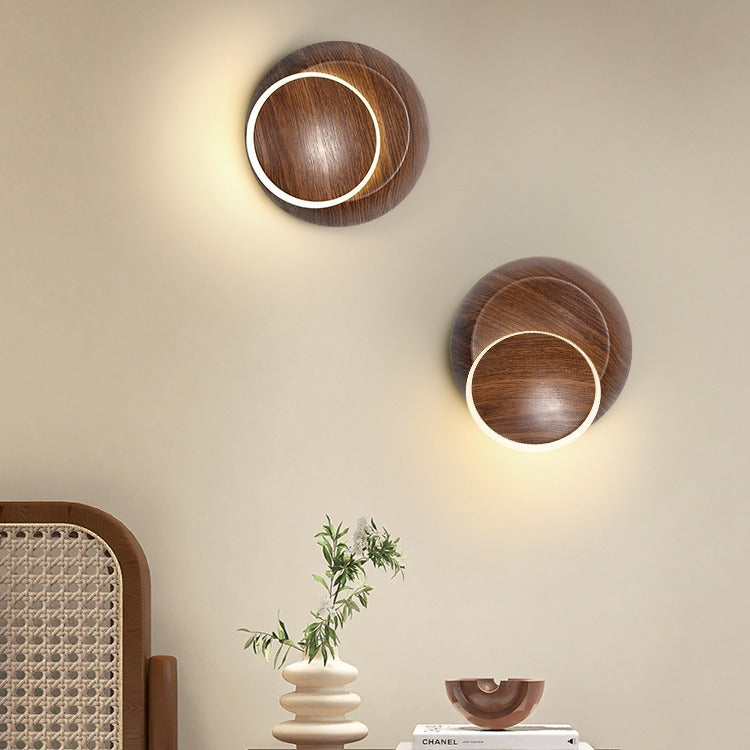 Lampe murale LED contemporaine et créative avec ombre de lune rotative, grain de bois rond, fer et aluminium pour chambre d&