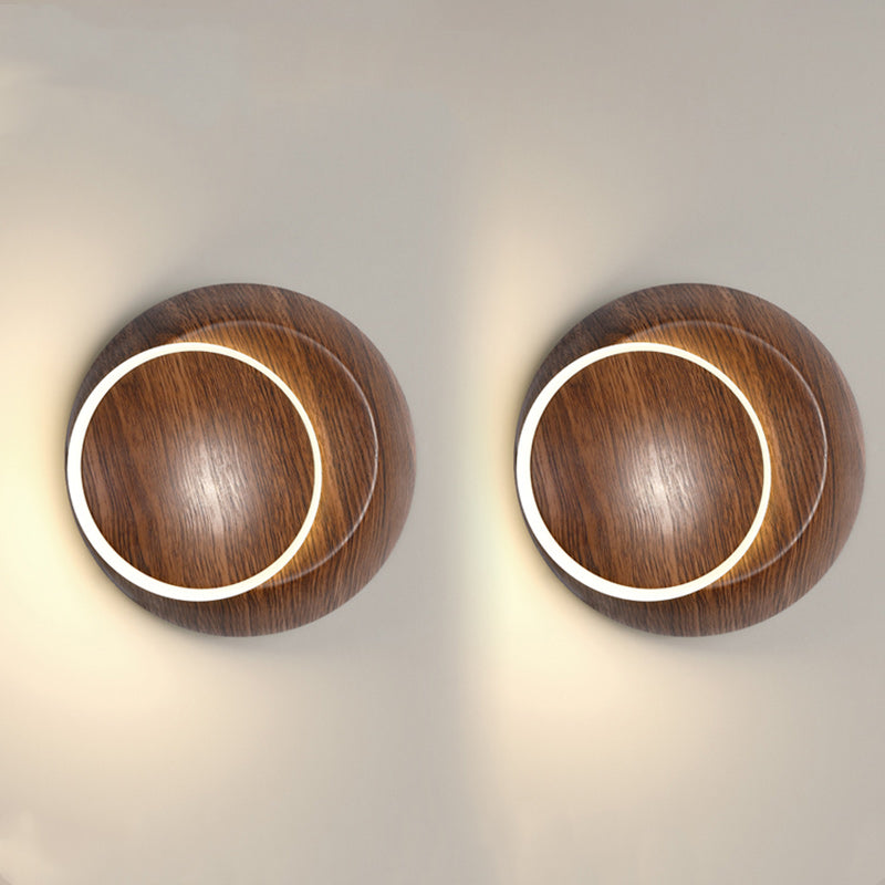 Lampe murale LED contemporaine et créative avec ombre de lune rotative, grain de bois rond, fer et aluminium pour chambre d&