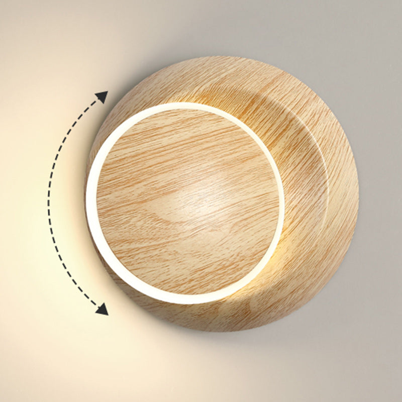 Lampe murale LED contemporaine et créative avec ombre de lune rotative, grain de bois rond, fer et aluminium pour chambre d&