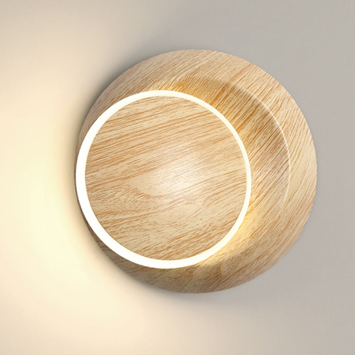 Lampe murale LED contemporaine et créative avec ombre de lune rotative, grain de bois rond, fer et aluminium pour chambre d&